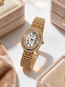 1pc Luxury Elegant Women's Quartz Watch Oval Dial With Classic Roman Numerals & Double Layer Rhinestone Bezel Polished Gold-Tone Case Premium Alloy Material Exquisite Metal Bracelet Strap - White - View 3