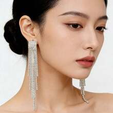 一对欧美经典百搭夸张长款水钻流苏耳环，奢华优雅时尚独特，女士耳环 - 彩色 - 查看 3