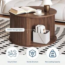 Mesa de café redonda de mediados del siglo de 28 pulgadas con almacenamiento - diseño de acento acanalado - puerta deslizante de la mesa redonda del tambor - montaje rápido - ideal para la sala de estar - Nuez - Ver 5