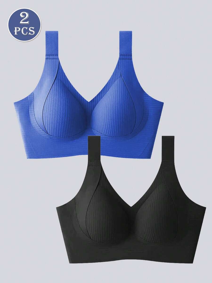 2件套女士无缝加垫无钢圈文胸，舒适透气可拆卸衬垫，基础纯黑色可调节文胸上衣 - 彩色 - 查看 1