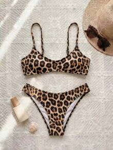 Nuevo conjunto de bikini de llegada primavera/verano con estampado de leopardo, tirantes ajustables, escote en V, sexy, elegante y casual, adecuado para la playa, vacaciones y fiestas - Multicolor - Ver 2