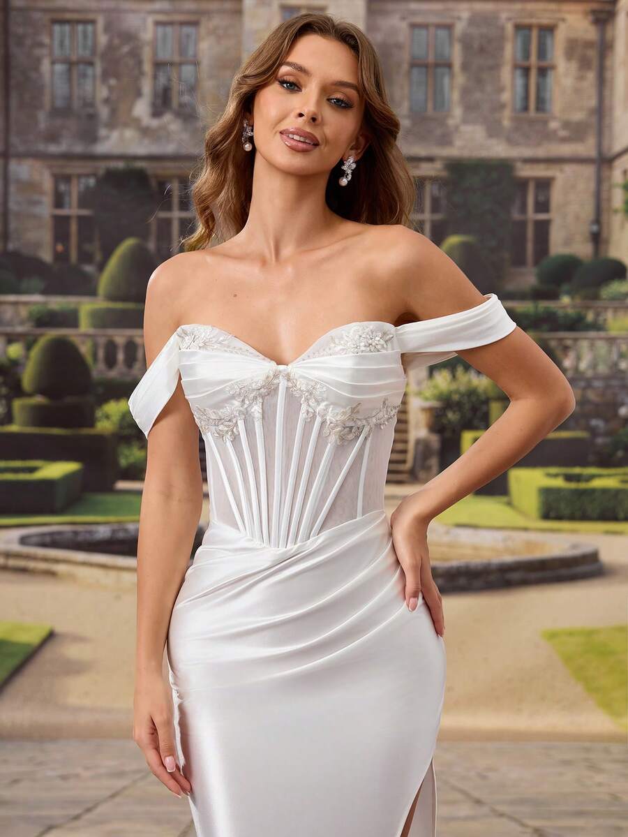 Vestido de novia de sirena con hombros descubiertos y espalda descubierta, diseño de hombros abiertos, cintura descubierta, para boda, Día de San Valentín, primavera