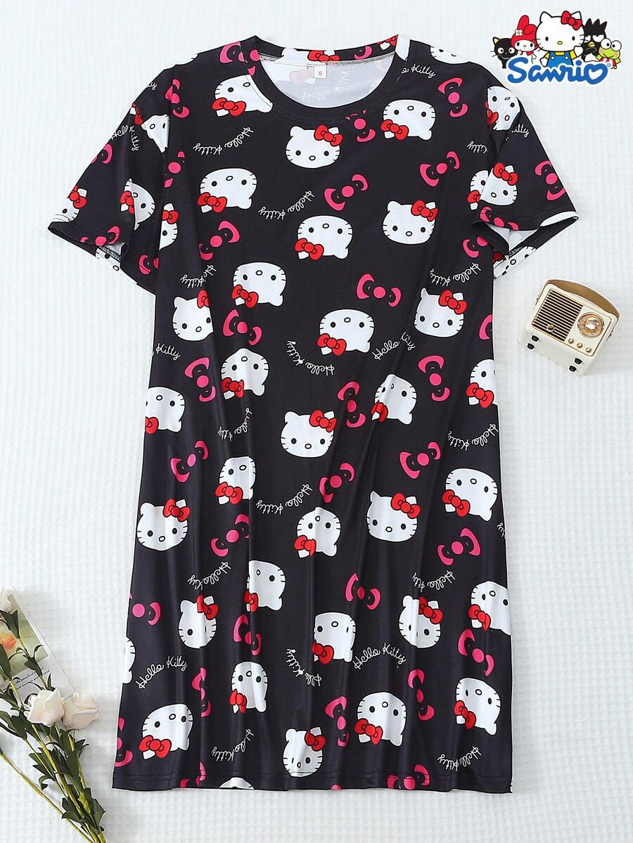 SANRIO Niedliches bedrucktes Nachthemd mit Kurzarm, locker & atmungsaktiv für Zuhause, Frühling/Sommer - Schwarz - Übersicht 1