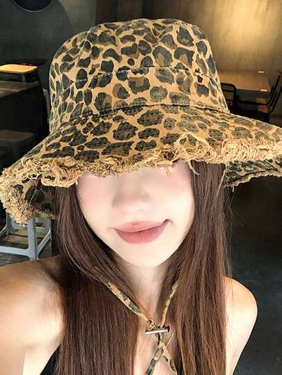 1pc Women's Fashion Leopard Print Brim Bucket Hat, Retro Korean Style Outdoor Sun Hat, Suitable For Daily Life, Spring/Autumn
