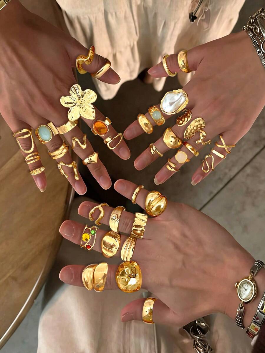 20/15/12/6pcs Vintage, Elegant Multi-Piece Stackable Rings, Fashion Minimalist Sophisticated Retro Design With Elements Like Geometric, Floral, Faux Pearl, Rhinestone, Hollow, Cross, Wave, Heart, Textured, Smooth, Oversized, Suitable For Holiday, Party, Daily Wear - Yellow Gold - View 1