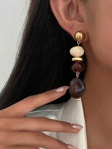 2pcs/Set Retro Exaggerated Geometric Resin Earrings, Luxurious And Elegant, Suitable For Wedding, Party, Vacation, Daily Wear, Street Style, Unisex, Holiday, Birthday, Versatile Earring Gift - Brown - View 3