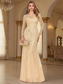 Đầm dạ hội dài tay phối sequin và lưới tương phản, dáng ôm thanh lịch mùa xuân/hè, chân váy đuôi cá màu vàng, đầm dự tiệc, đầm dành cho mẹ cô dâu, đầm dự đám cưới, đầm tốt nghiệp, đầm dự tiệc tối, đầm sinh nhật cho nữ. - Vàng - Xem 7