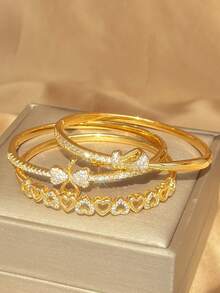 18K vergoldetes Herz & Schleife Zirkonia stapelbares Armband Set, verblassungsresistentes verstellbares Goldarmband, eleganter Damenschmuck, geeignet für tägliche, Hochzeits- und Partyanlässe - Verschiedenfarbig - Übersicht 9