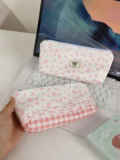 1pc New Floral Pink Pencil Case, Cute Ins Style High Capacity & Aesthetic, Lace Trim Design Adds Elegance, Suitable For School, Classroom, Campus, Study Room, Great For Students, Teens, Ladies, Essential Gift, Popular Travel Accessory