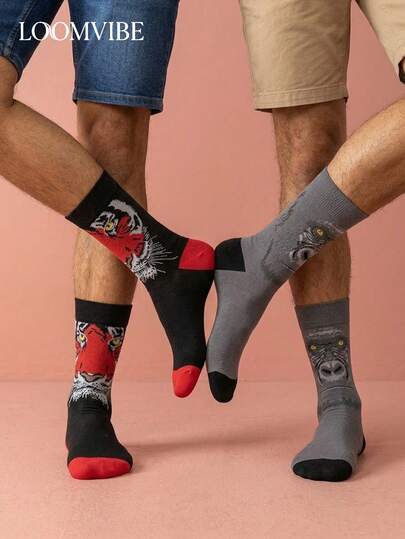 2 Pairs Unisex Mid-Calf Socks With Wild Animal Portrait Designs: Tiger/Gorilla Motifs | Moisture-Wicking, Odor-Resistant, Soft & Stylish! Ideal Gift For Wildlife Enthusiasts (Suitable For Both Men & Women) - Great For Casual Daily Wear/Outdoor Gatherings