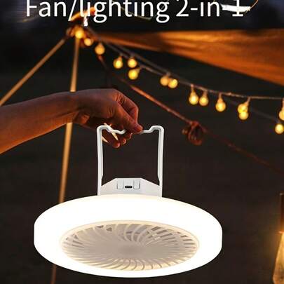 1 quạt cắm trại LED, hỗ trợ sạc USB, pin lithium 1800mAh tích hợp, kèm móc treo, thích hợp cho lều, xe hơi, du lịch ngoài trời và phòng ngủ, có chế độ chiếu sáng và quạt, màu trắng.
