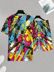 Ensemble chemise à manches courtes imprimée par jet d'encre colorée + shorts décontractés pour hommes, ensemble sport décontracté, ensemble de loisirs respirant pour l'extérieur, ensemble d'impression 3D d'été pour adultes pères, convient pour un usage quotidien extérieur, comme cadeau. - Couleurs mélangées - Voir 1