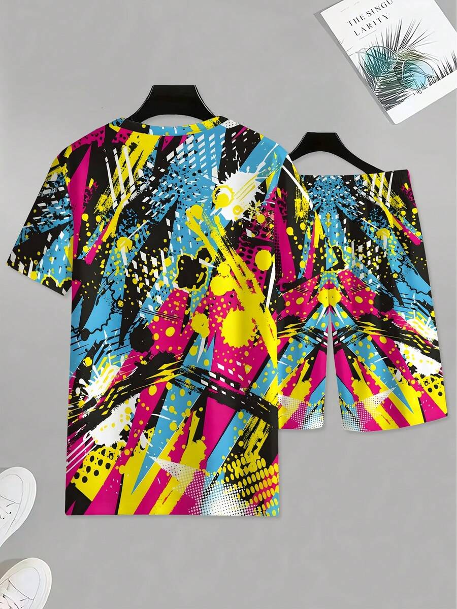 Ensemble chemise à manches courtes imprimée par jet d'encre colorée + shorts décontractés pour hommes, ensemble sport décontracté, ensemble de loisirs respirant pour l'extérieur, ensemble d'impression 3D d'été pour adultes pères, convient pour un usage quotidien extérieur, comme cadeau. - Couleurs mélangées - Voir 1