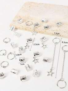 30pcs Silver Tone Star Tassel Dreadlock Beads & Hair Cuffs, Metal Pendant Hair Accessories, Y2K Punk Boho Festival Hair Jewelry,   Viral Hair Charms For Braids & Locs, Perfect For St. Patrick's Day, Easter & Mother's Day Party, Beach & Concert Outfits, Head Accessories For Women & Girls - 銀色 - 查看 4