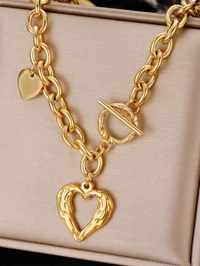 RAYQUEEN 1 pieza Collar en forma de corazón hueco con cierre OT estilo francés Marka de acero inoxidable para mujeres, con baño de oro, joyería para la clavícula, apropiado para uso diario y San Valentín