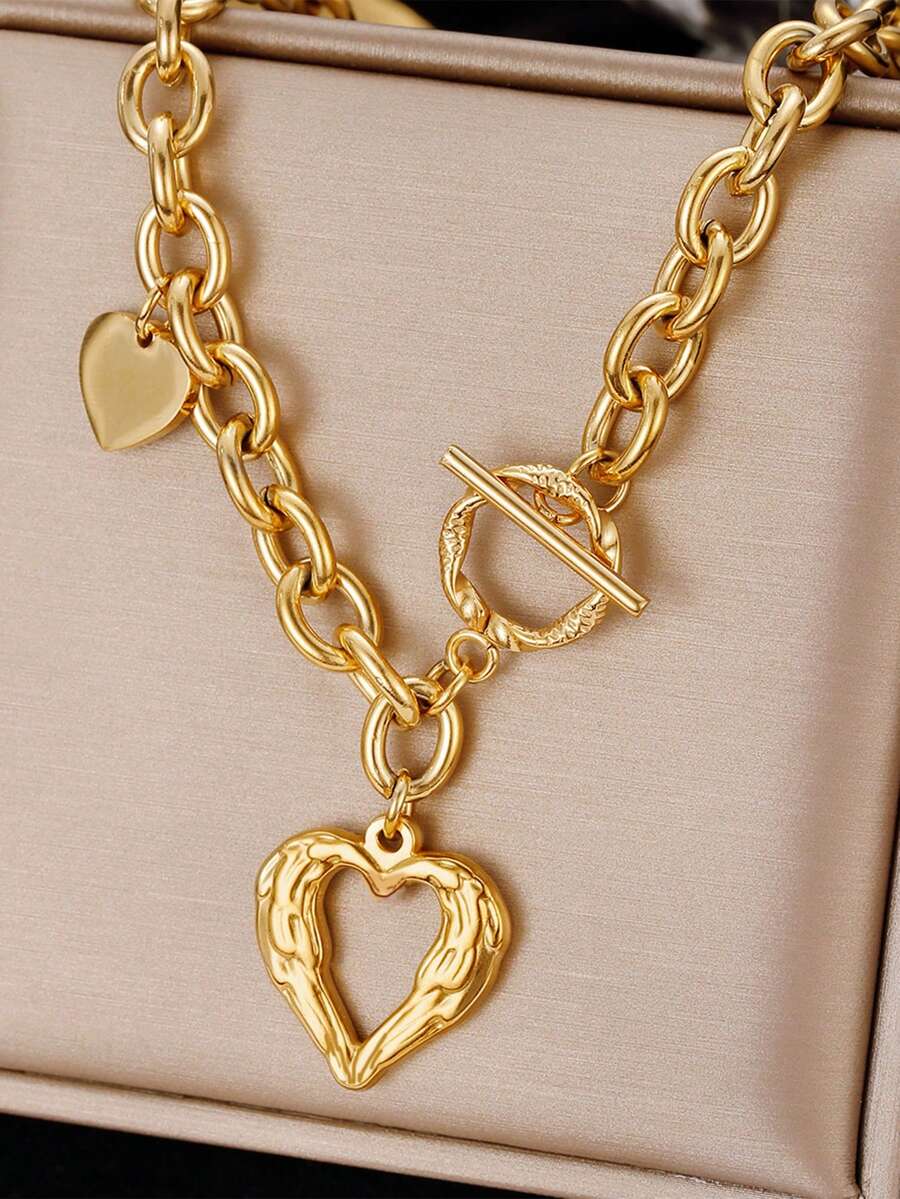 RAYQUEEN 1 件 Marka 法式 Ins 不锈钢镂空心形 OT 扣爱心项链，女式镀金锁骨首饰，适合日常佩戴情人节 - 金黃色 - 查看 1