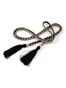 1pc Handmade Woven Extra Long Black Waist Rope - Dark Beige - View 2