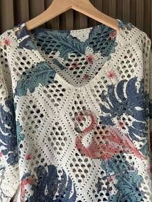 Women's Elegant Floral Hollow-Out Knit Top, Spring/Summer - Blue - View 2