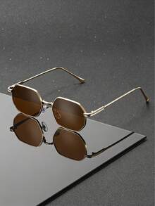 Gold-Rimmed Tinted Square Lens Unisex Fashion , Retro Design, UV Protection, Suitable For Men''s Vacation Style - Multicolor - View 8