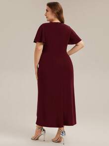 EVERPRETTY Vestido de noche asimétrico con cuello en V, fruncido y abertura alta para mujer talla grande, color borgoña, adecuado para invitadas de boda y ocasiones semiformales - Burdeos - Ver 2
