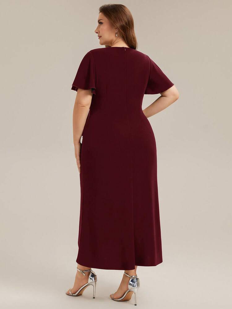Plus Size Women V-Neck Ruched High Slit Asymmetric Evening Gown, Burgundy, Suitable For Wedding Guest, Semi-Formal Occasions - Burgundy - View 2