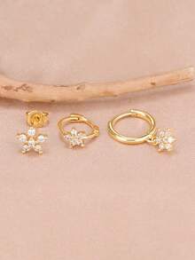 3PCS Fashion Cubic Zirconia Flower Hoop Earrings Set For Women 18K Gold Plated Cartilage Piercing Ear Stud Girls Party Jewelry Gift - 3PCS - Gold - View 4