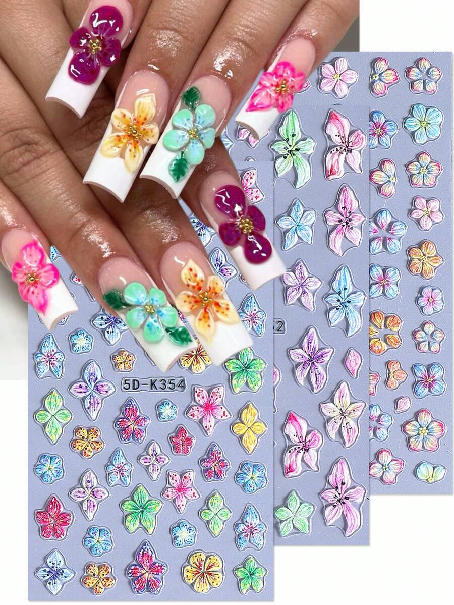 5D芙蓉花浮雕美甲贴纸 3片装,色彩鲜艳,百合雏菊热带花瓣,春夏花卉印花设计,DIY Y2K复古时尚凝胶指甲油自粘沙龙贴纸滑动设计美甲装饰 - 彩色 - 查看 1