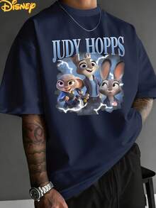 Disney Judy Hopps Multi-Image Collage: Lightning Effect Officer Theme Print Men's T-Shirt. Stylish Design, Simple And Versatile, Full Of Fashion Sense, Round Neck, Men's Pure Cotton T-Shirt With Bound Edges, Summer Casual. - Navy Blue - View 1