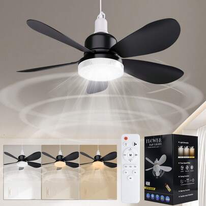 20.5" Colorful Blades Ceiling Fan With Remote Control, E27 Screw In Design, Quiet Operation, 3 Color Temperature & 3 Speed, 1/2H Timer & Night Light, Perfect For Bedroom Kids Room Living Room Home Indoor Decoration (Black Blades)