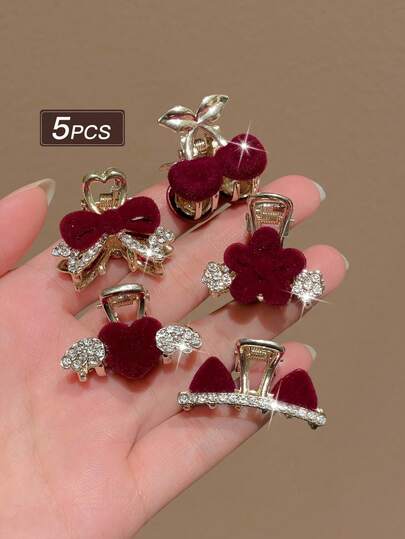 5个时尚女士发夹，精致高端，时尚优雅，闪亮水钻，心形和蝴蝶结设计，各种蓬松迷你发夹，适合发型装饰，日常和派对佩戴，女士发饰，时尚发夹礼盒套装