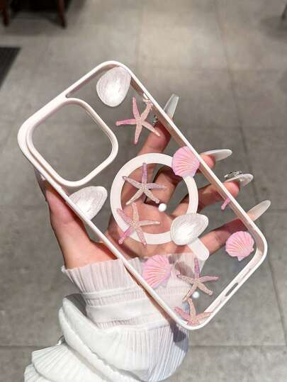 Pink Shell Starfish Pattern Magnetic Adsorption Shockproof Phone Case, Supports Wireless Charging, Compatible With Samsung S24/S25/S23 S Series And A55/A15/A15 A Series, 17, 16 Pro Max, 14/13, 12, Compatible With IPhone 11 Pro Max, 15 Pro Max, 17 Pro Max, Can Be Used As Birthday Gift, Girlfriend, Boyfriend Or Self-Use