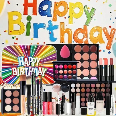 Bộ quà tặng trang điểm sinh nhật POPFEEL, bao gồm kem che khuyết điểm, phấn mắt, son môi, mascara và nhiều sản phẩm khác, phù hợp cho người mới bắt đầu, là món quà sinh nhật hoặc quà tặng ngày lễ hoàn hảo.