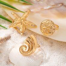 3pcs/Set Spiral Shell & Sand Element Star Shaped Ring Set, Gold Plated Ocean Style Rings, Beach Boho Jewelry For Summer Vacation - Gold - View 2