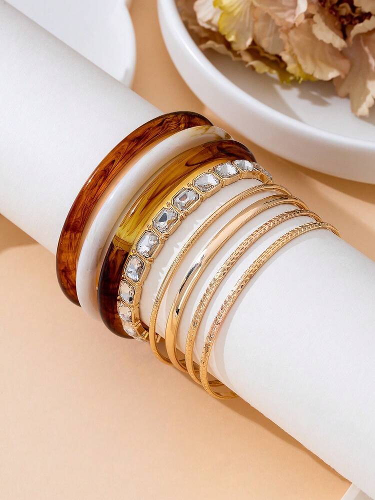 8件套奢华复古个性化多元素混合闪亮树脂手镯套装（女士款） - 彩色 - 查看 3