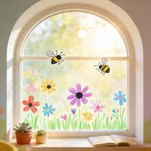 1pc Graffiti Bee & Flower Window Glass Sticker - Funny Spring Theme Decal, Self-Adhesive Removable Decoration For Home, Kids Room, Classroom, Cute Handpainted Style Home Decor - 1PC - View 4