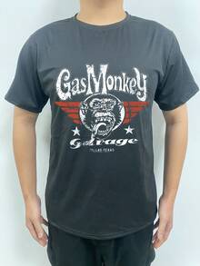 Camiseta de manga corta con cuello redondo y estampado de Gas Monkey, de moda casual para hombre, de verano - Negro - Ver 2
