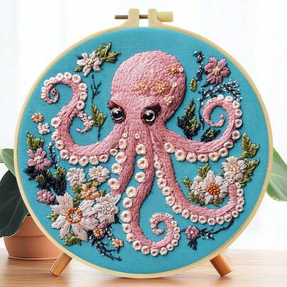 1 zestaw do haftu, rozmiar 15 * 15 cm/5,9 * 5,9 cala - 20 * 20 cm/7,9 * 7,9 cala, tematyczna ośmiornica, z ramką do haftu, ręcznie robiony zestaw do haftu DIY, odpowiedni dla dorosłych i początkujących, w tym instrukcja obsługi, nadrukowany wzór tkaniny, ramka do haftu, igła i nić itp. Może być używany jako dekoracja domu i prezent dla rodziny i przyjaciół
