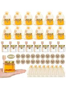 20 piezas, tarros de miel de cristal hexagonal de 45 ml, tarros de miel mini, con colgante, cuerda, bolsa de regalo dorada, tapa dorada, perfectos para bodas, recuerdos de fiestas, regalos - Dorado - Ver 10