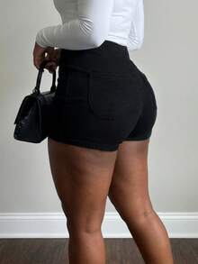 Pantalones cortos de mezclilla de cintura media con estiramiento, ajuste clásico lavado, con botón, cremallera, bolsillos prácticos, jeans casuales - Negro - Ver 3