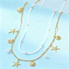 Bộ 2 chiếc dây đeo eo hai lớp hình sao biển và vỏ sò đính ngọc trai giả, phong cách mùa hè đi biển dành cho nữ. - Dây đeo eo hai lớp làm từ vỏ sò - Xem 3