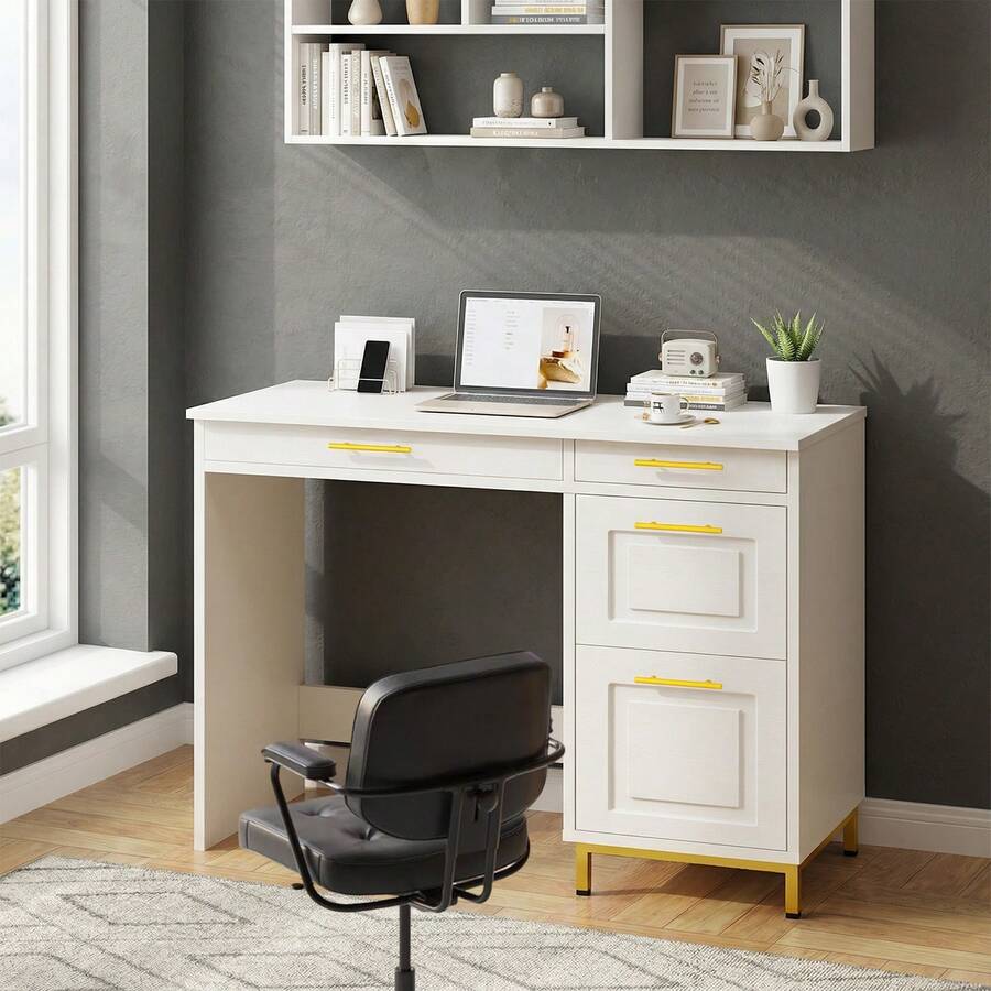 Modern Computer Desk With 4 Drawers, Modern Home Office Desks With Golden Handles And Drawers, Computer Table For Small Spaces, Black/ White - White - View 1