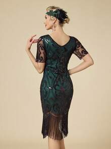 20世纪20年代复古亮片流苏下摆修身正式礼服，适合派对、婚礼等场合，春季穿着 - 綠色 - 查看 7