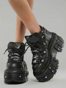 Women's Platform Biker Boots Lace Up Motorcycle Ankle Boots Black Metal Combat Y2K Goth Punk Booties Fashion Shoes Outdoor Footwear Rock Boots - 黑色 - 查看 1