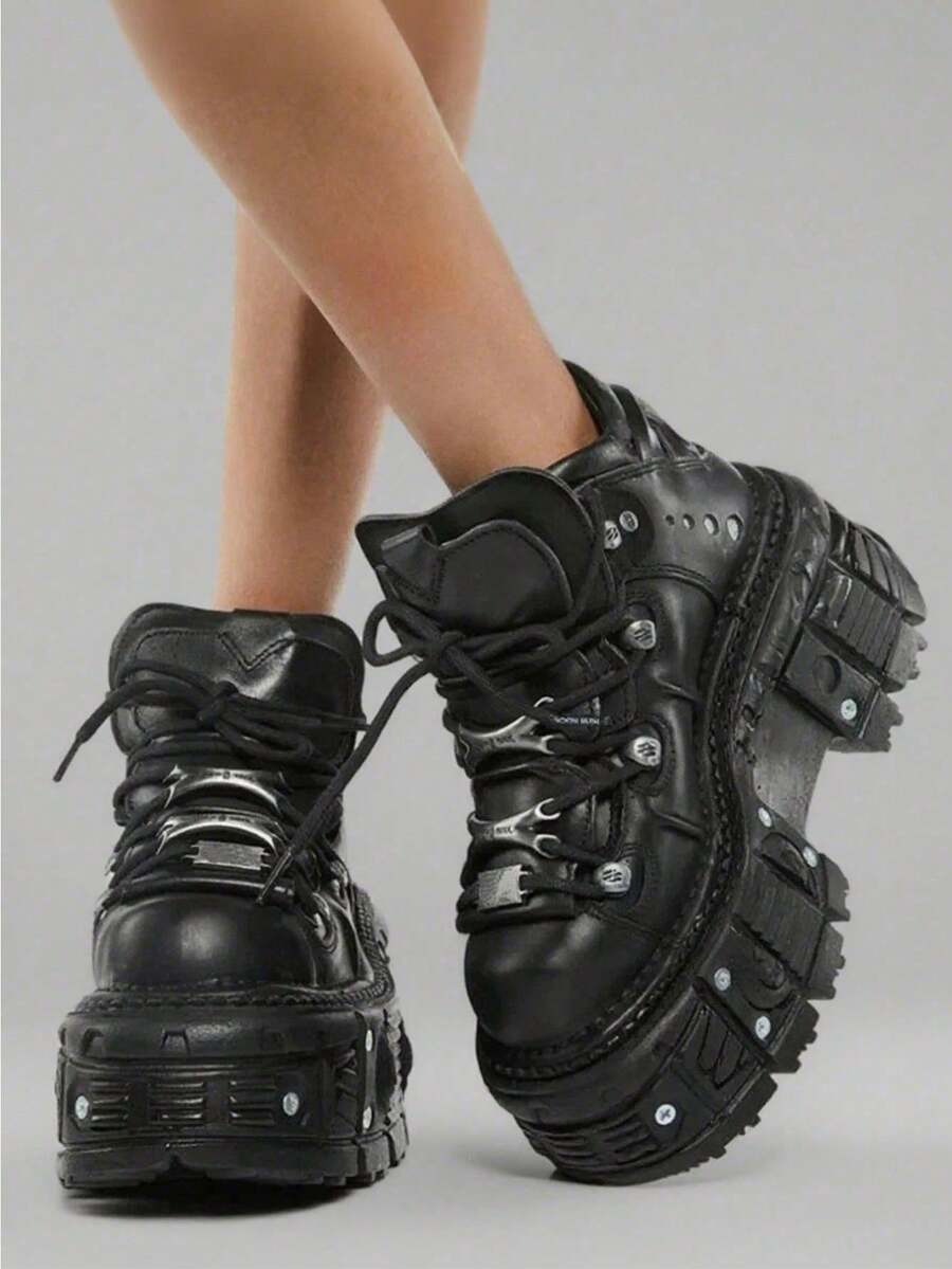 Women's Platform Biker Boots Lace Up Motorcycle Ankle Boots Black Metal Combat Y2K Goth Punk Booties Fashion Shoes Outdoor Footwear Rock Boots - 黑色 - 查看 1