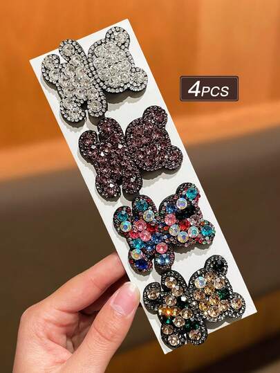 4个优雅可爱闪亮水钻小熊造型发夹，适合日常、派对、上学使用，女士发饰，女士礼物