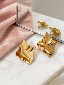 4对/1对不对称金属几何螺旋波浪钛钢耳环，百搭不锈钢耳环，可爱女士耳环套装 - 金色 - 查看 2