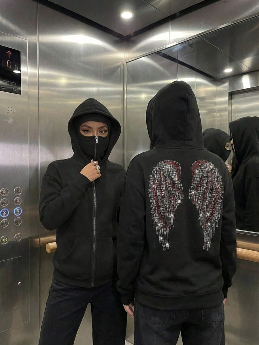 羊毛镶钻翅膀图案，超大款拉链卫衣，可作拉法帽、面罩使用，双层连帽卫衣，适合秋冬季节，可用于度假/上学/居家/日常/街头/拍照等场合，简约/Y2K休闲黑色 - 黑色 - 查看 1