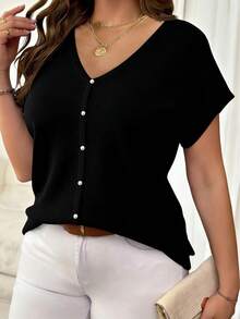 Plus Size Deep V-Neck Knit Top, Semi-Sheer Dropped Shoulder Design, Regular Length, Slightly Stretchy Black Summer - Black - View 5