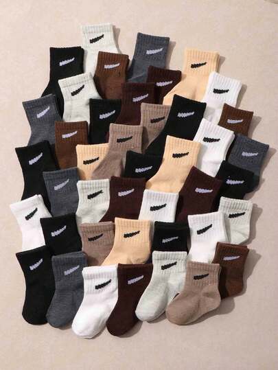 10 Pairs Random Solid Color Sports Mid-Calf Socks For Babies & Kids, Multi-Color Mixed, Unisex Toddler Socks, Versatile & Fashionable For Casual Daily Wear