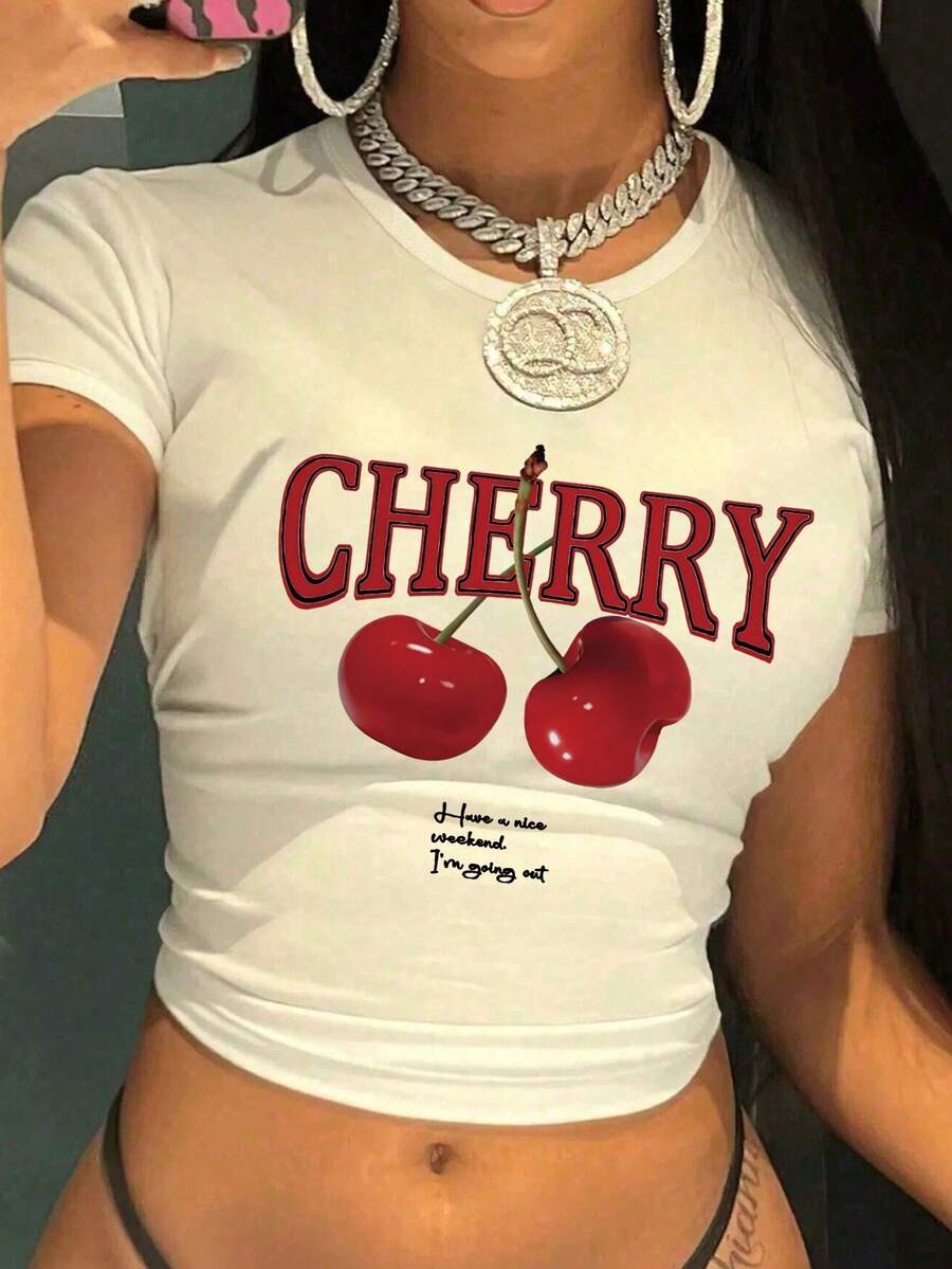 Y2K Cherry Print Crew Neck T-Shirt, 90s Retro Cropped Tight Short Sleeve Top, Cute Graphic Tee, Women Summer Crop Top Casual White
